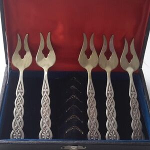 Set of 5 Gilded Silver Fish Forks Made in Ukraine in 1960's.